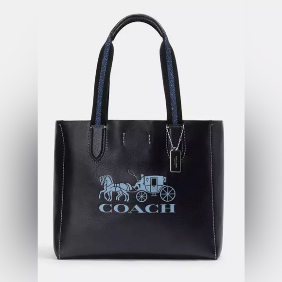 NWT COACH DERBY LEATHER TOTE WITH HORSE AND CARRIAGE SILVER/NAVY SHOULDER BAG - Picture 1 of 7